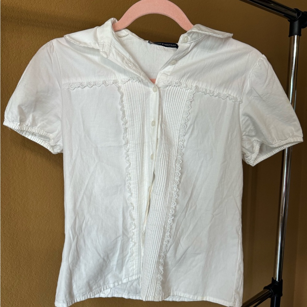 Brandy Melville White Lace-Trim Button Down Shirt